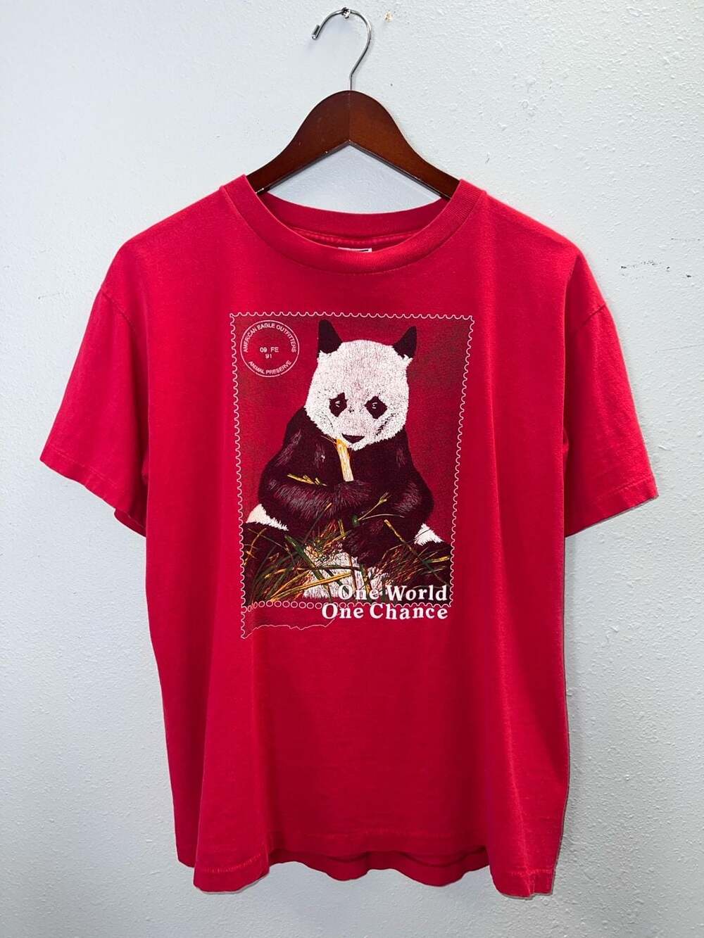 Vintage 90s American Eagle Giant Panda Stamp Shirt Mens L Red Single Stitch